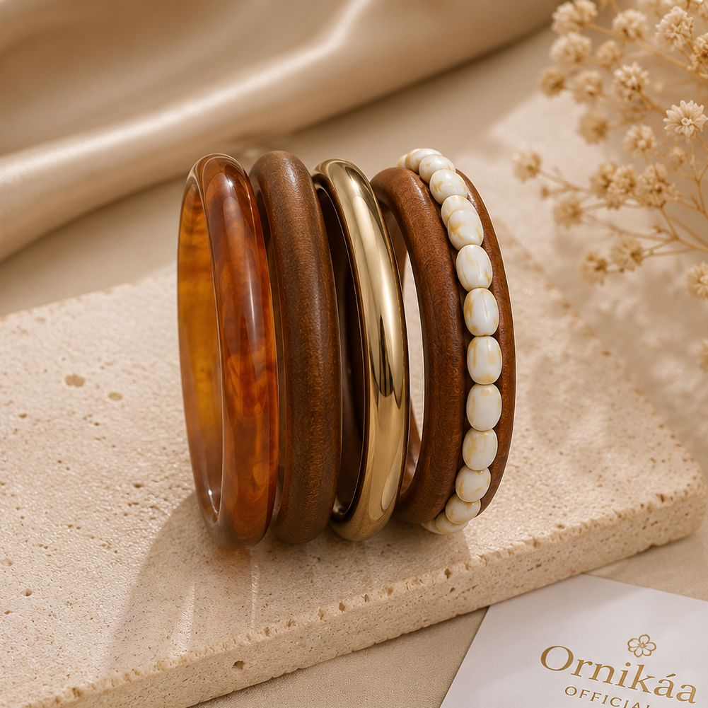 Boho Wood Shell & Resin Bangle Set