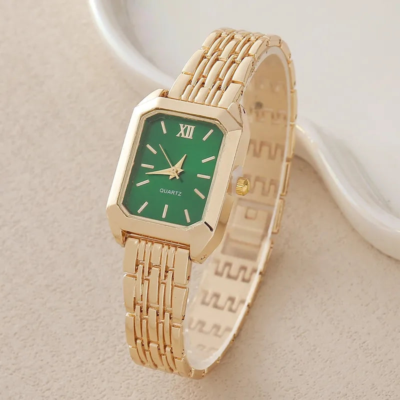Anti-Tarnish Gold Green Dial Rectangle Watch Bracelet