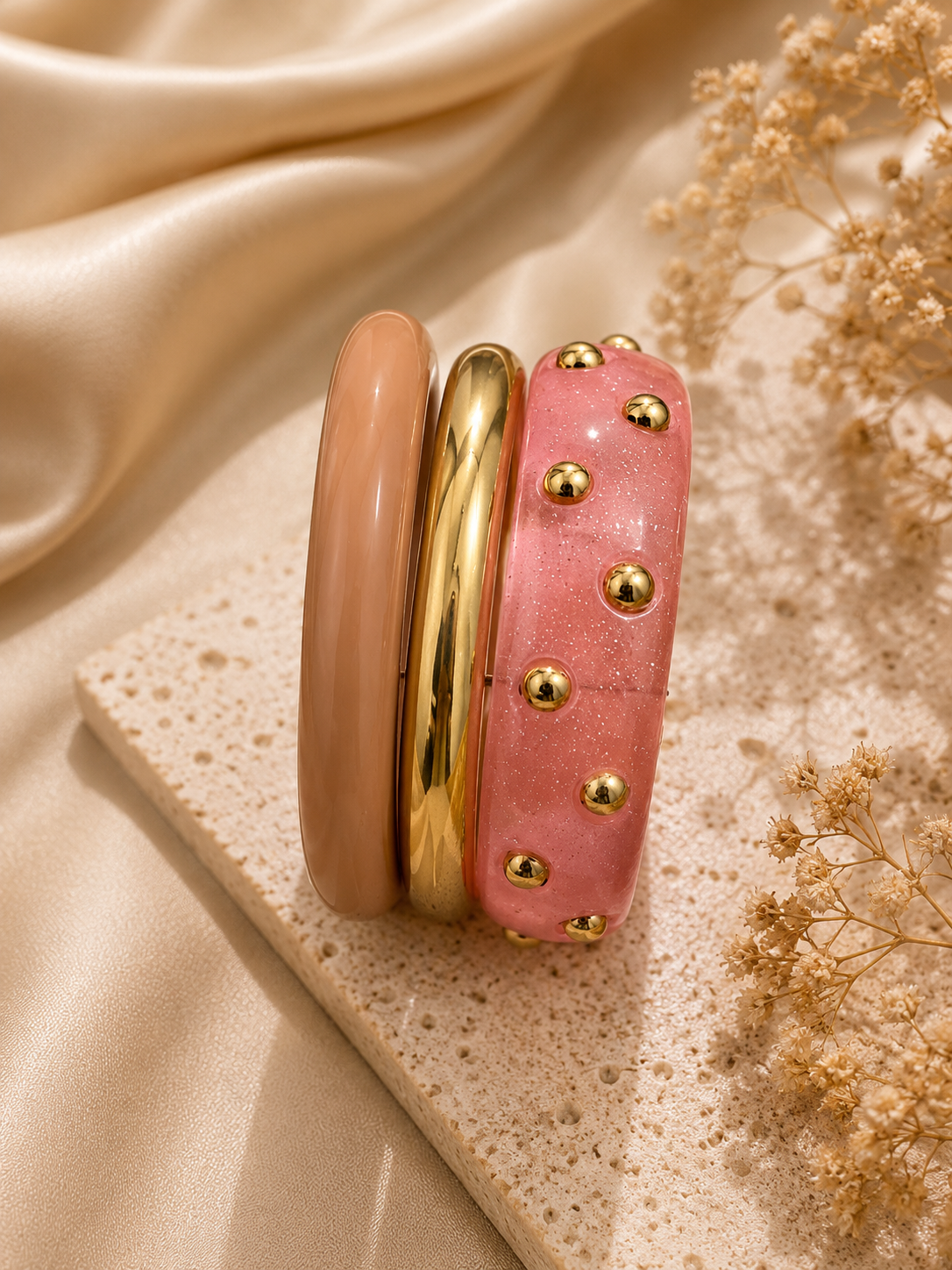Pink Studded Bangle Set for Women – Glossy Acrylic & Gold Stack Bracelet Combo Description: