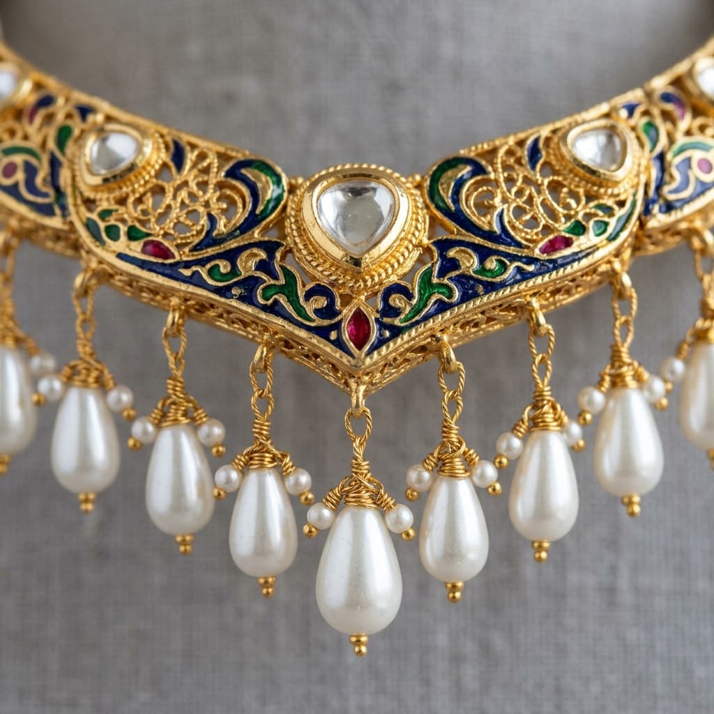 Noor Heritage Polki Choker reverse meenakari and pearl droplets