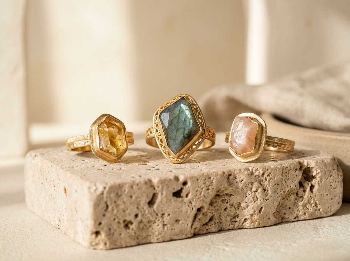 Architectural Statement Rings with Uncut Stones by ORNIKAA