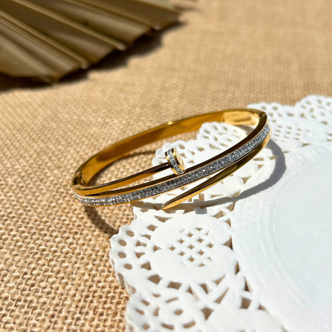 Elegant Gold-Plated Nail Design Bracelet with Dazzling CZ Accents