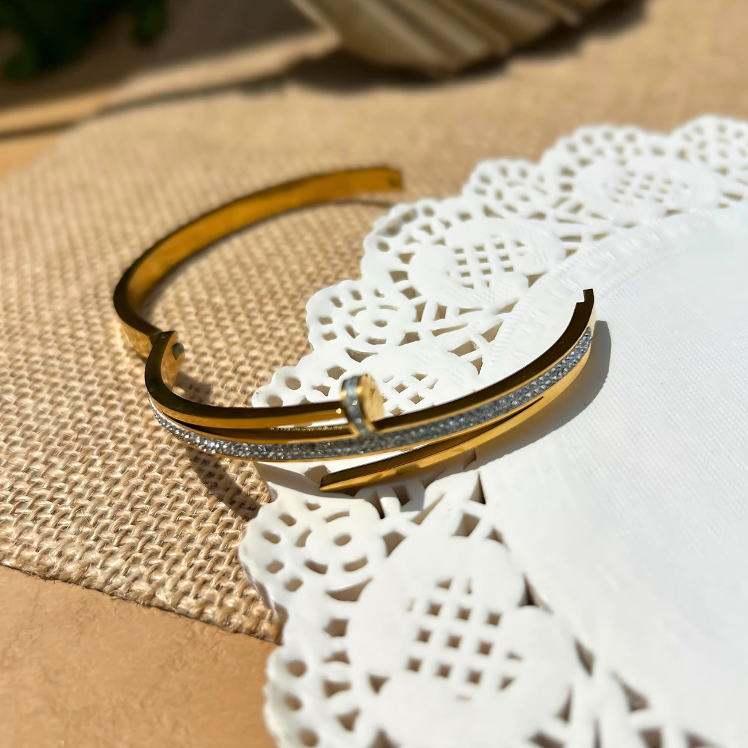 Elegant Gold-Plated Nail Design Bracelet with Dazzling CZ Accents