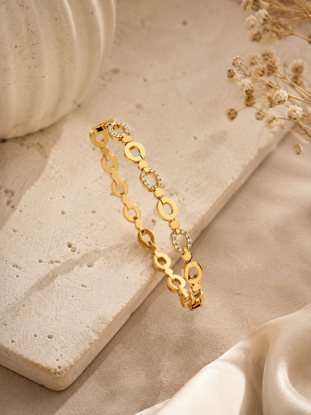 Anti-Tarnish Gold CZ Oval Link Bracelet